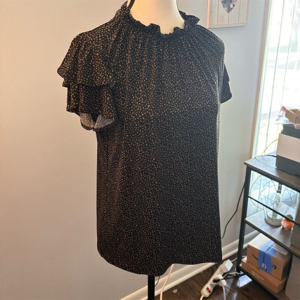 Adrianna Papell Women's Black Polka Dot Ruffle Sleeve Blouse Size M